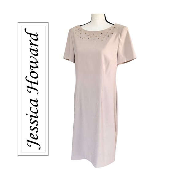 JESSICA HOWARD Beaded Neck Beige Sheath Dress Elegant Party Cocktail Size 12 - Picture 1 of 14